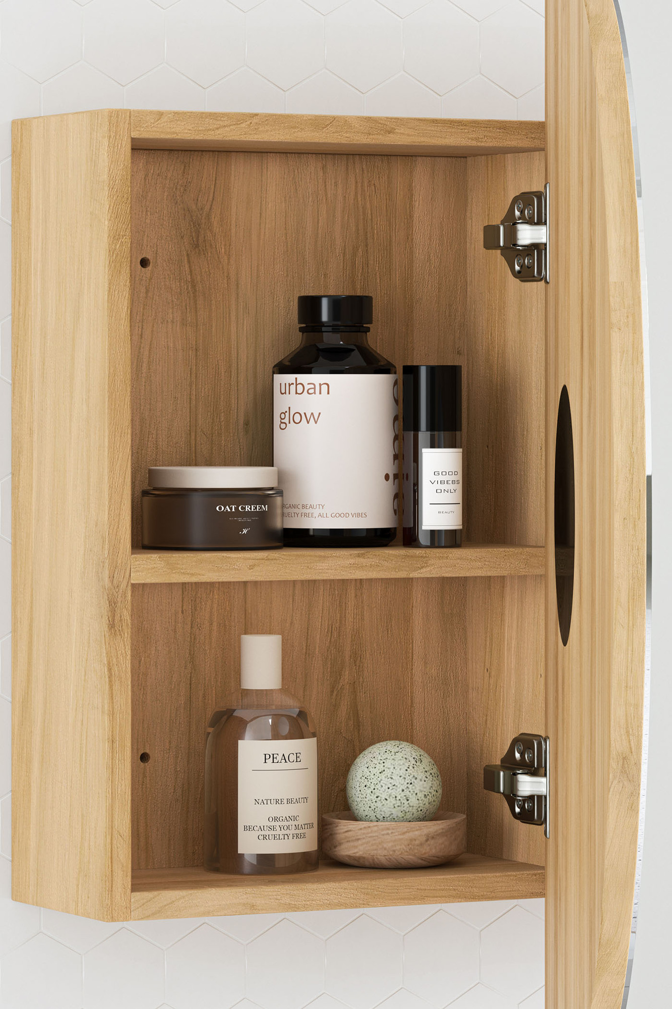The inside of the shaving cabinet shows the warm timber shelving complete with bathroom products. The inside of the shaving cabinet shows the warm timber shelving complete with bathroom products.