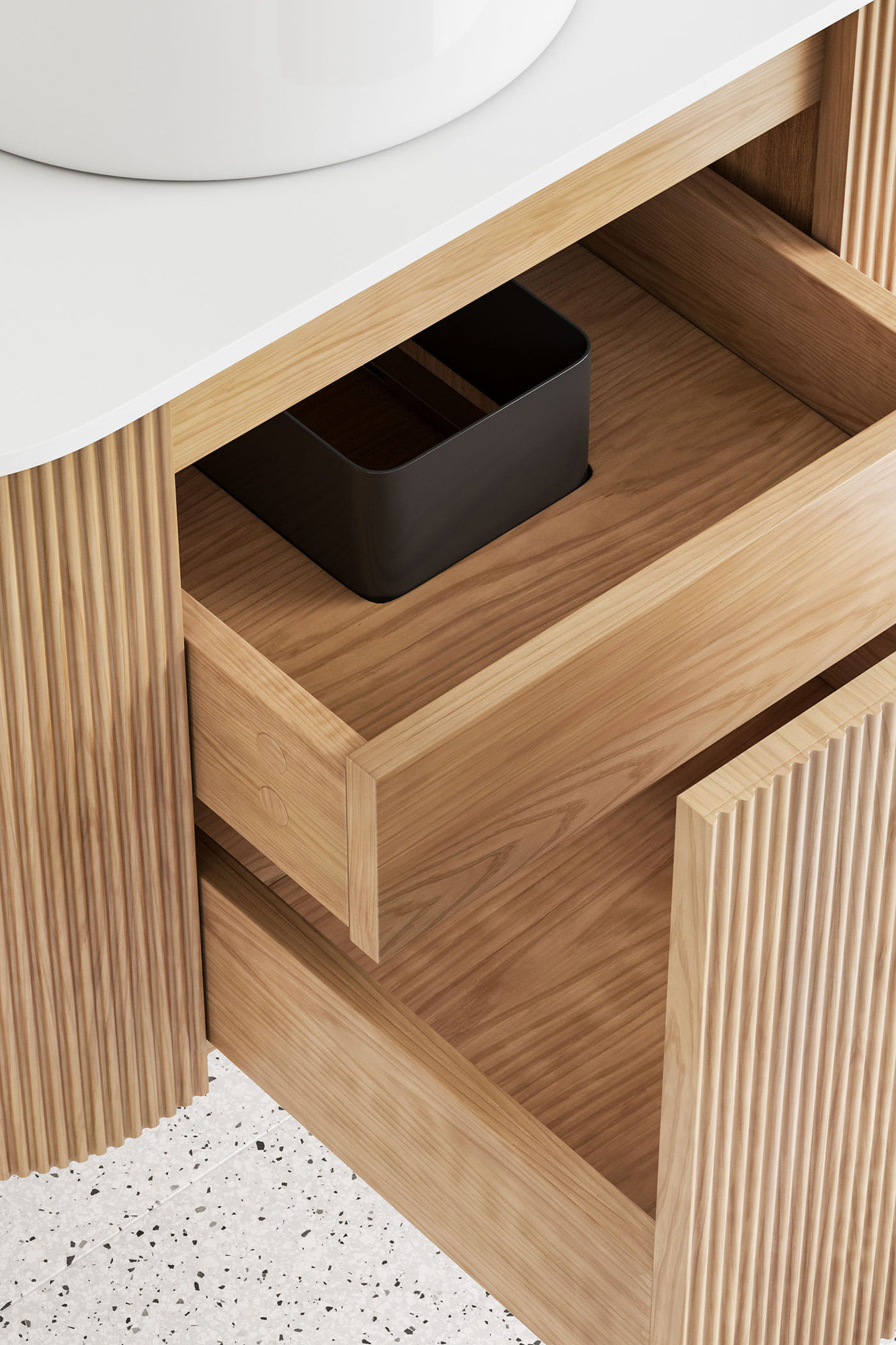The high three-quarter angle displays the open drawers, with the fluting depicted as a contrasting texture.