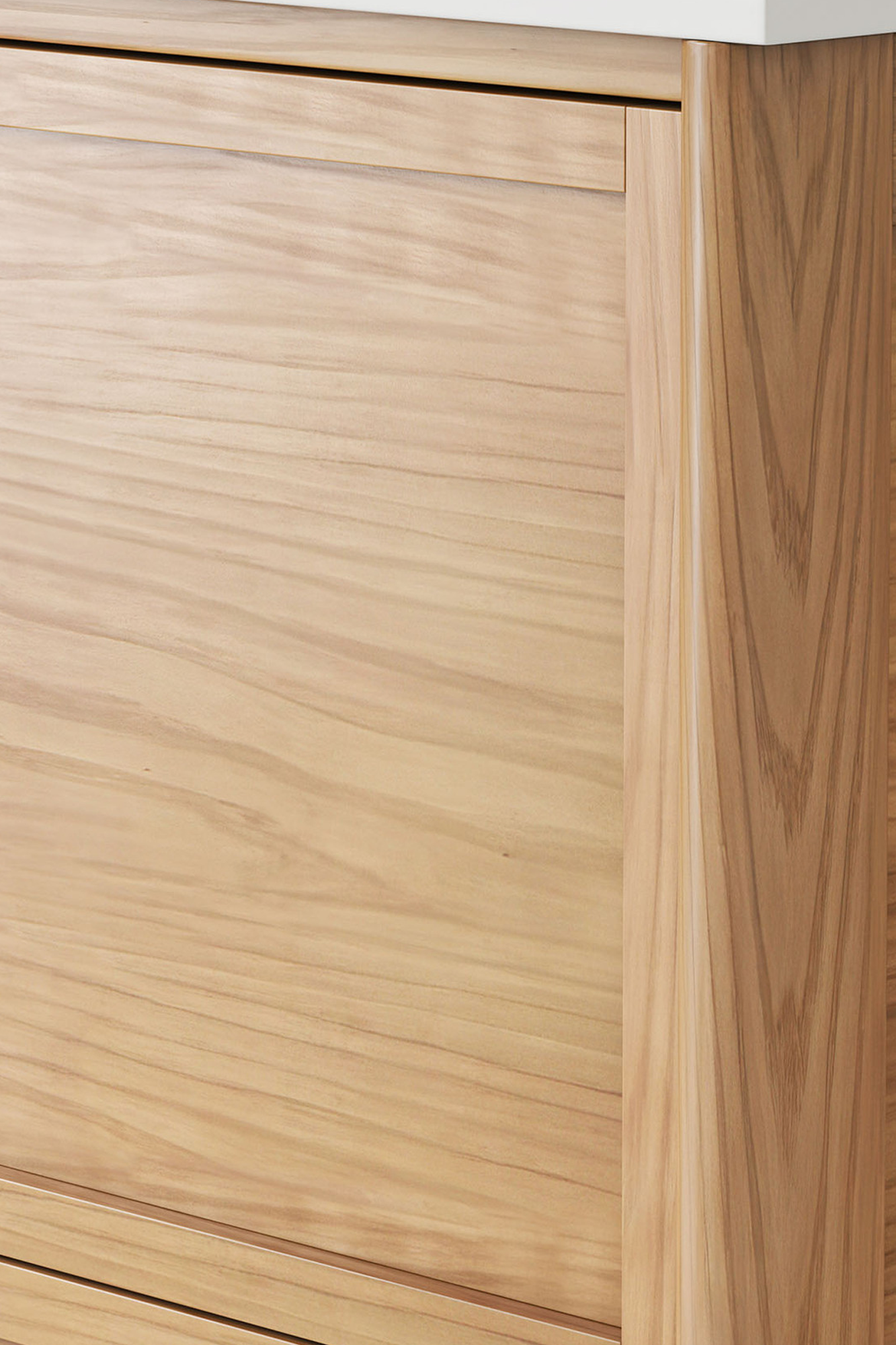 Close up of the eucalyptus plywood vanity base highlights the rich colour and wood grain effect.