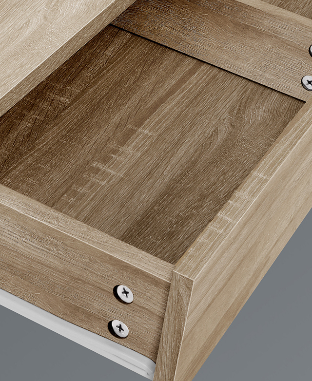 The drawer of the 'natural' vanity is shown open, with several beauty items inside.