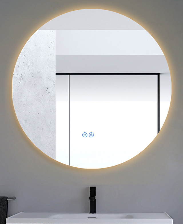 A full view of the round mirror is illuminated by its ring light.
