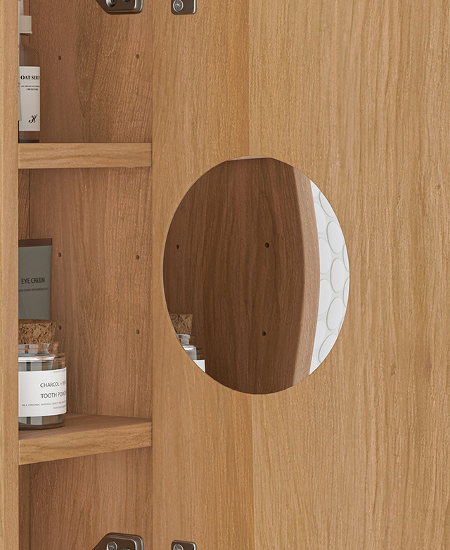 The inside of the shaving cabinet door shows a mounted, small, round 3-times magnification mirror. The inside of the shaving cabinet door shows a mounted, small, round 3-times magnification mirror.