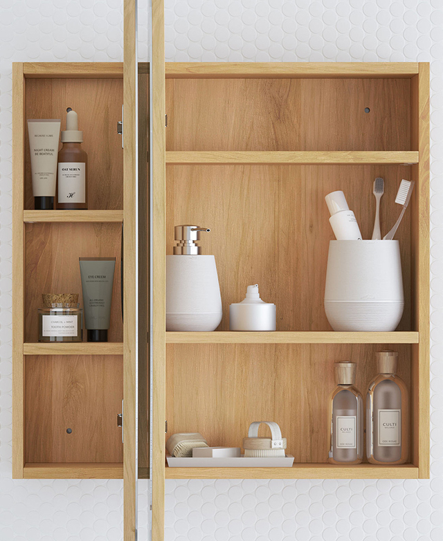 Both mirrored doors are completely open to show the timber inside, with bathroom items positioned on the shelves. Both mirrored doors are completely open to show the timber inside, with bathroom items positioned on the shelves.