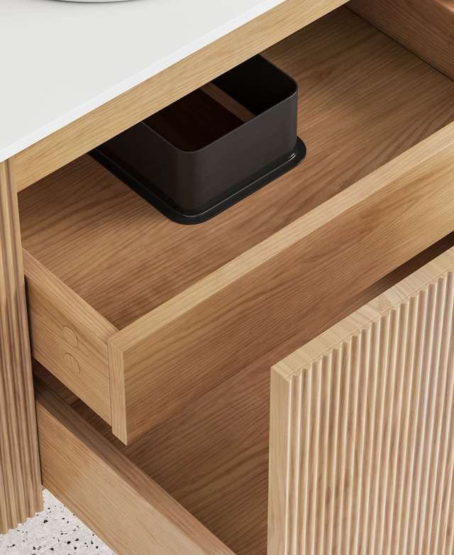The high three-quarter angle displays the open drawers, with the fluting depicted as a contrasting timber texture. The high three-quarter angle displays the open drawers, with the fluting depicted as a contrasting timber texture.