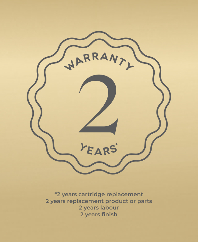 Overlay of warranty logo with 2 years text on a brushed gold background