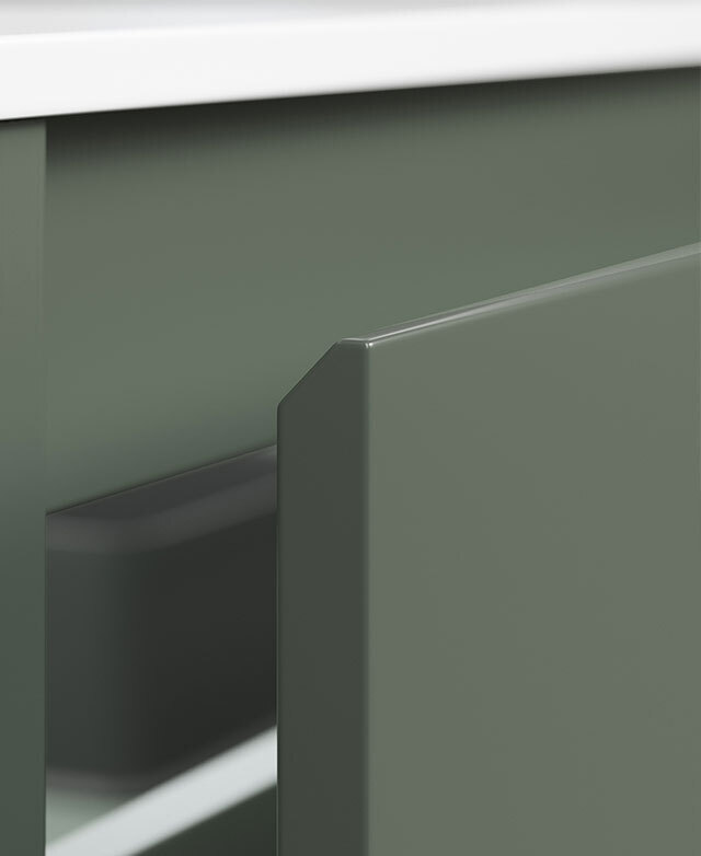 Close up of open draw showing the angled finger pull draw lip.