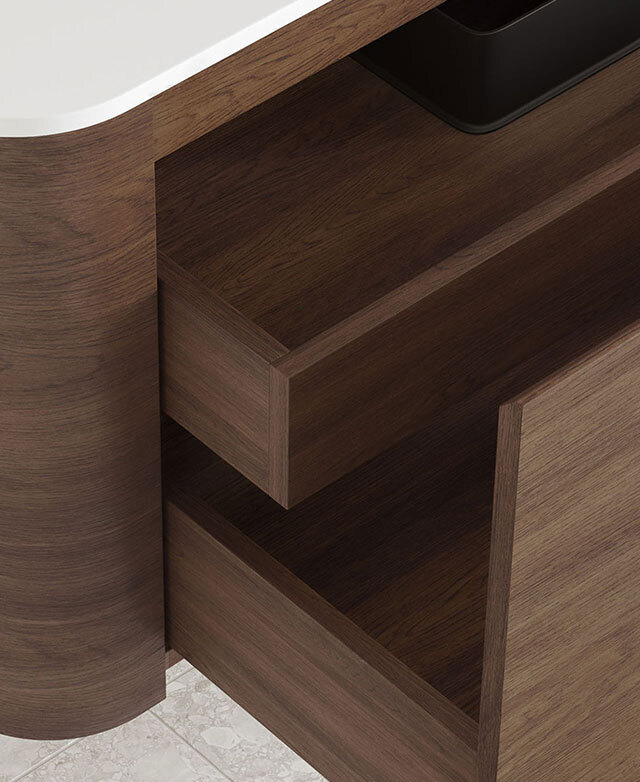 Displayed from a three-quarter angle, the main- and small inner drawers are partially open.