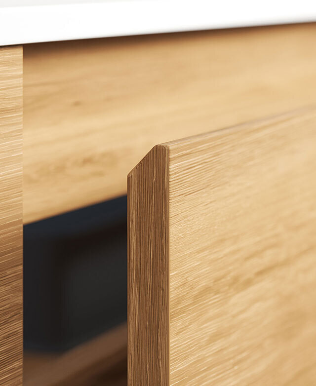 Close up of the open drawer, which shows the angled finger-pull lip.