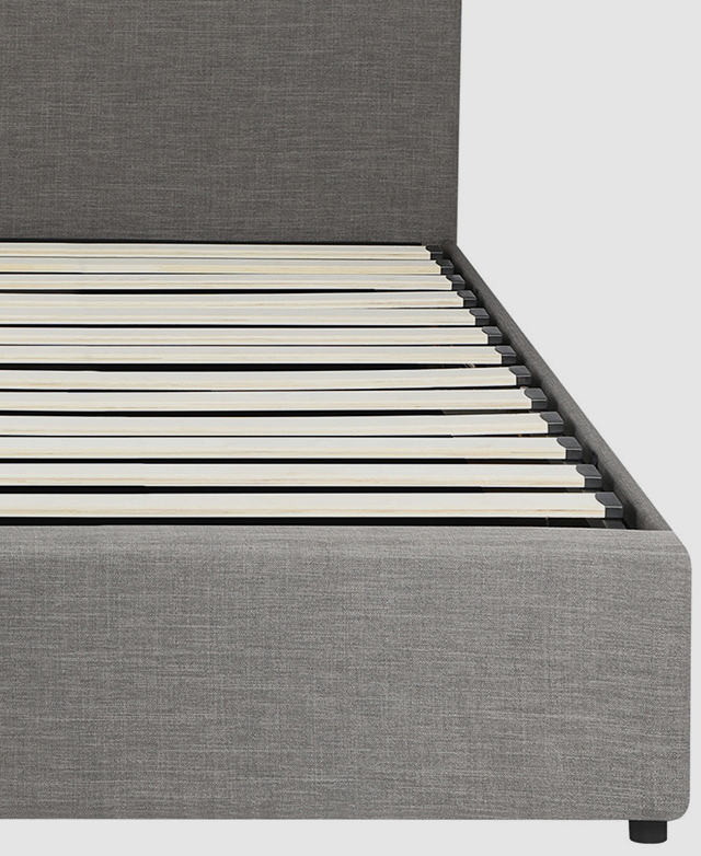 Close-up of the slatting shows its robust black metal support frame.