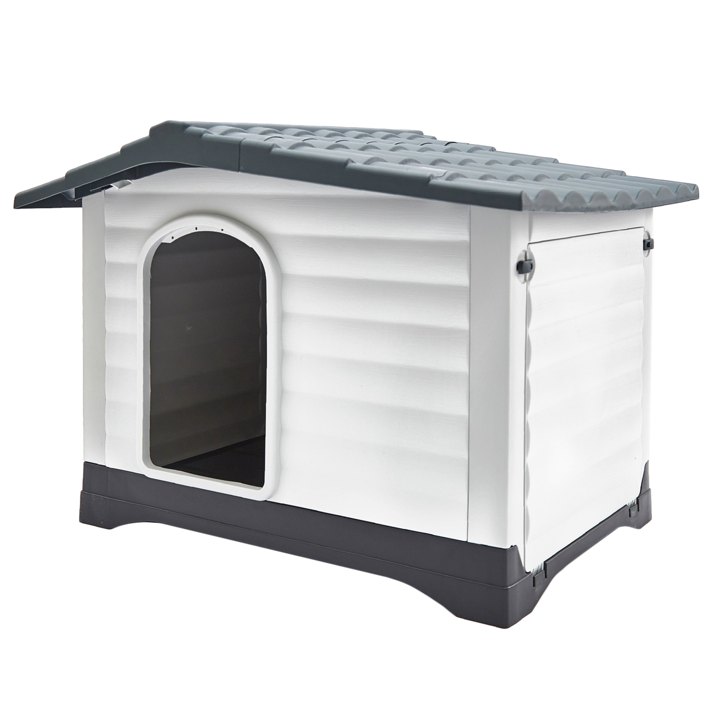 grey and white dog kennel