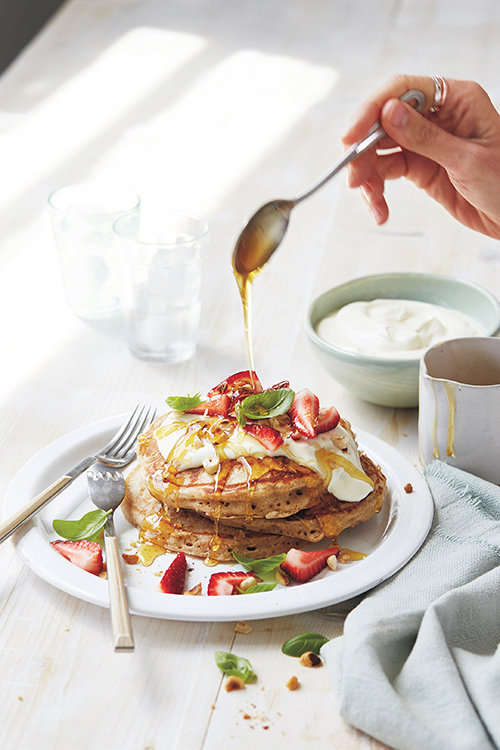 Magdalena's buckwheat pancakes with hazelnuts, strawberries & basil .Image &ndash; Rob Palmer.