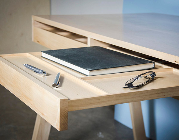 Detail of the 'Juxta' desk, with slide out trays.