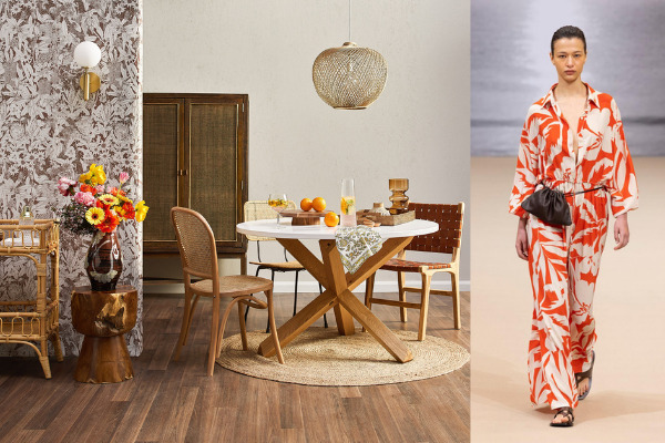 a runway model wearing a red, tropical-print jumpsuit by matteau next to an image of a dining room with brown tropical wallpaper