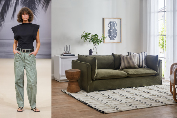 A runway model wearing relaxed army green pants and a black tank top by Matteau next to an image of a lounge room with an olive green slipcover sofa and a black and white rug