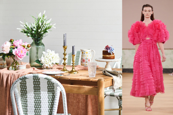 A runway model wearing a bright pink ankle-length tiered dress with puffy sleeves by Aje next to an image of a table set with vases of pink flowers, a round water jug and glass goblets