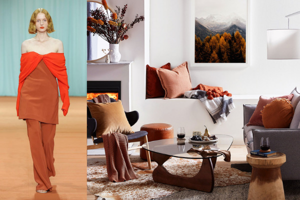 A runway model wearing wide-leg orange trousers and a matching orange tunic top with contrasting red sleeves that form a draped bodice by Bianca Spender next to an image of a lounge room with throw blankets draped over an an armchair and a sofa