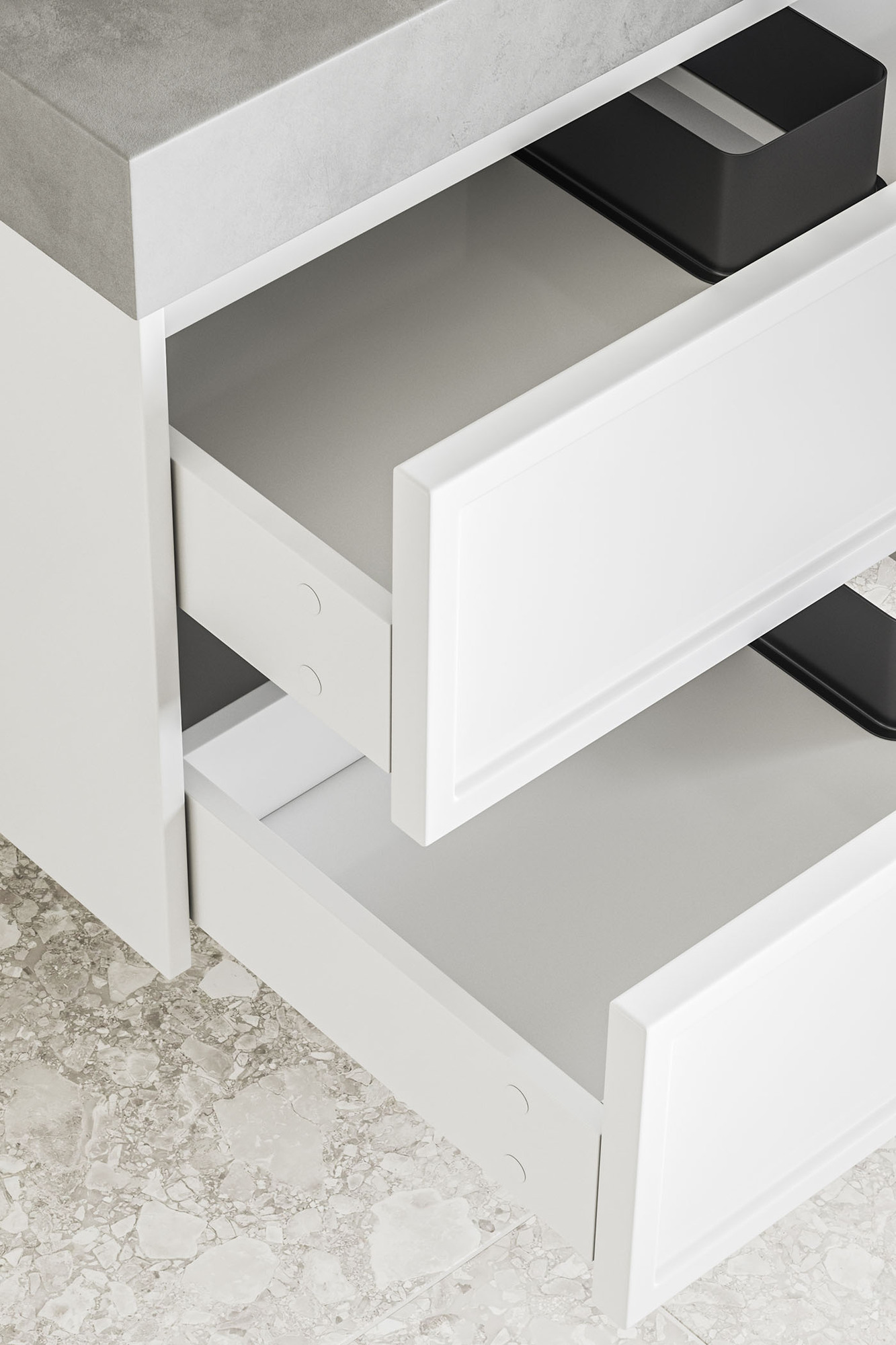 The two shaker-style drawers are depicted open, their crisp lines in focus.