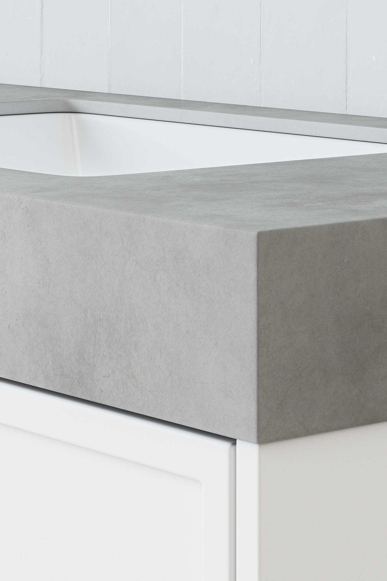 90mm thick grey concrete-look vanity top with a white sink.