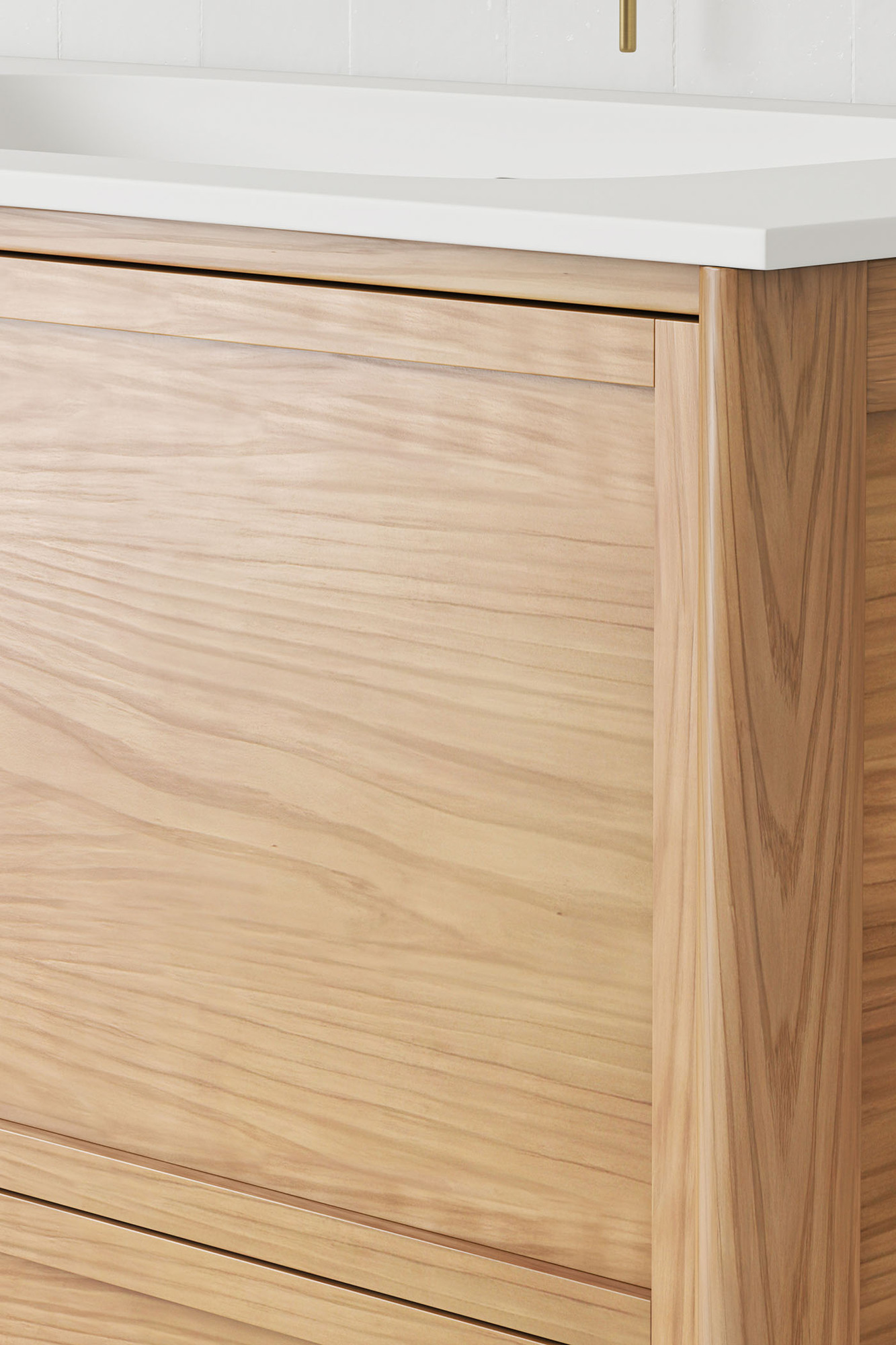 The shaker-style drawers are shown at a three-quarter angle, and the warm tones and wood grains are zoomed in on.
