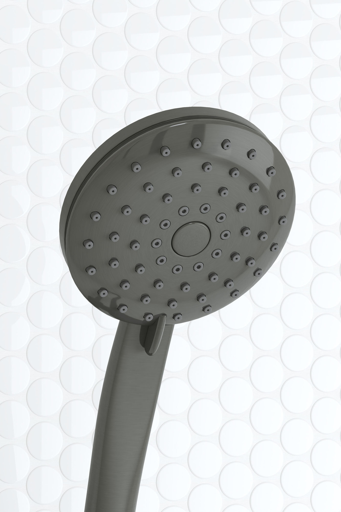 Close up image of the Round Gunmetal hand piece showing all the silicone water nozzles and the slider lever to move to select the water spray pattern. White penny round tile background.