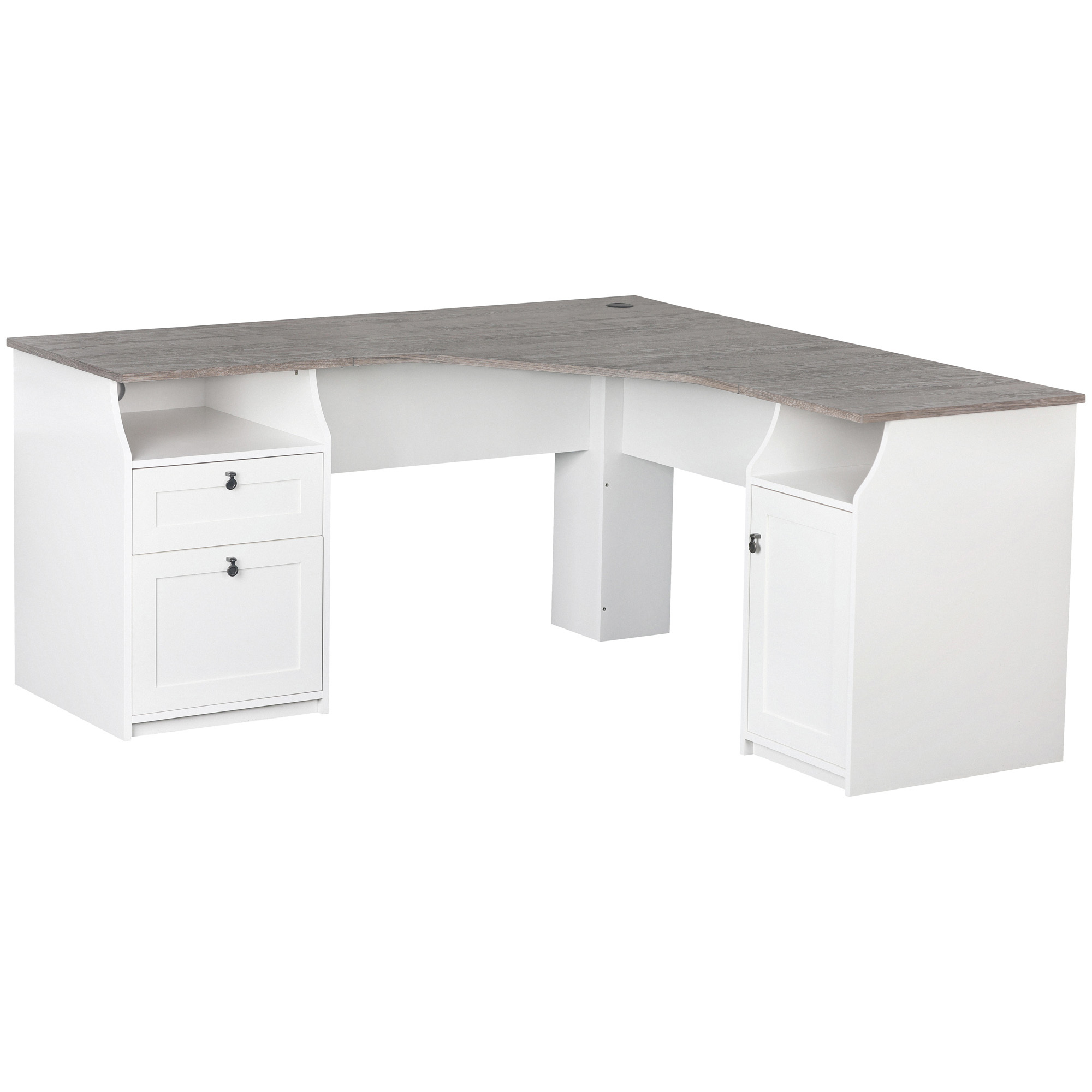 Corner Office Grey White Bronville 2, Corner Desk With Shelves Above And Drawers
