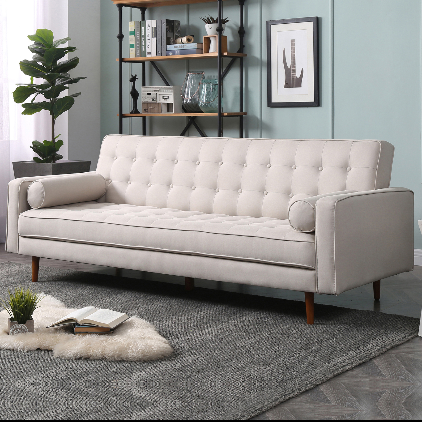 Panana Modern 3 Seater Sofa Bed Line Fabric Sofa Couch Settee Click Clack Recliner Sleeper with 2 Free Cushions for Living Room Beige 