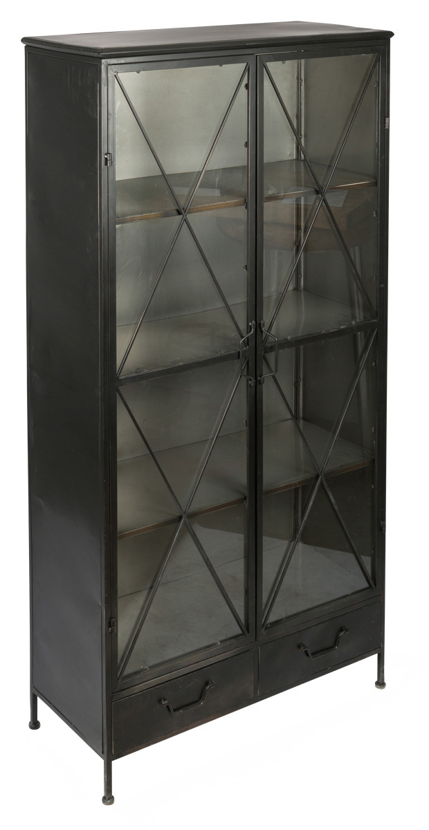 Industrial Glass Metal Bookcase, Black Iron Bookcase With Doors