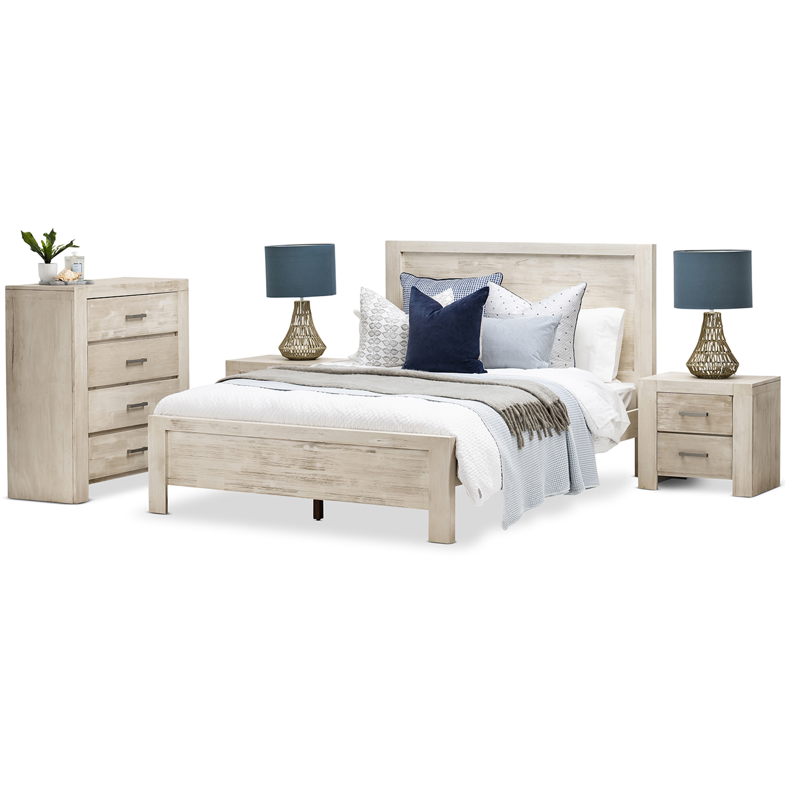 NEW White Wash Arya Acacia Wood Queen Bed Frame Continental Designs