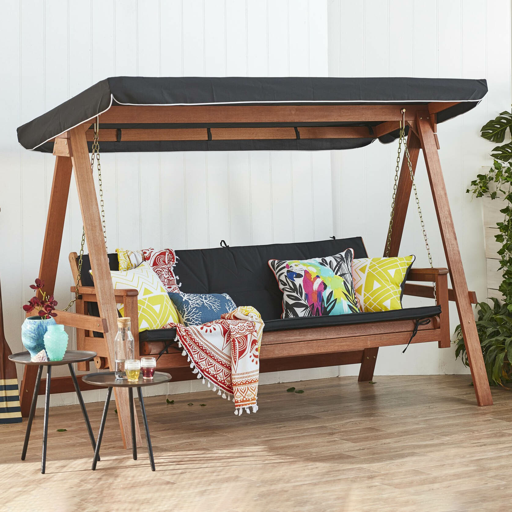 3 Seater Swing Sofa Bed With Canopy, Wooden Lawn Swings With Canopy
