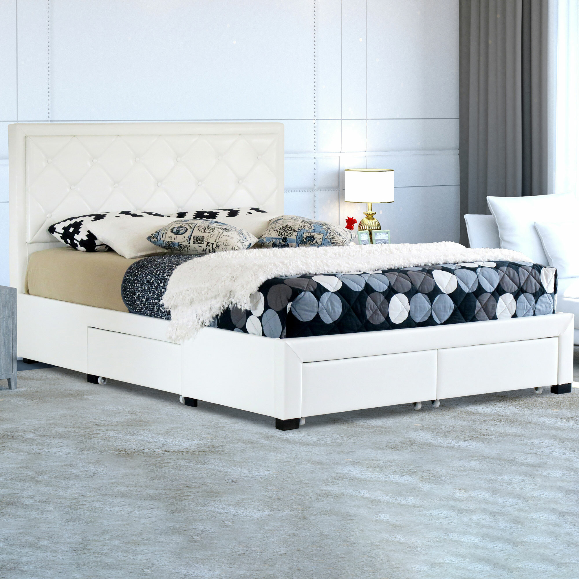 Faux Leather Bed Frame With Storage, White Leather Single Bed Frame