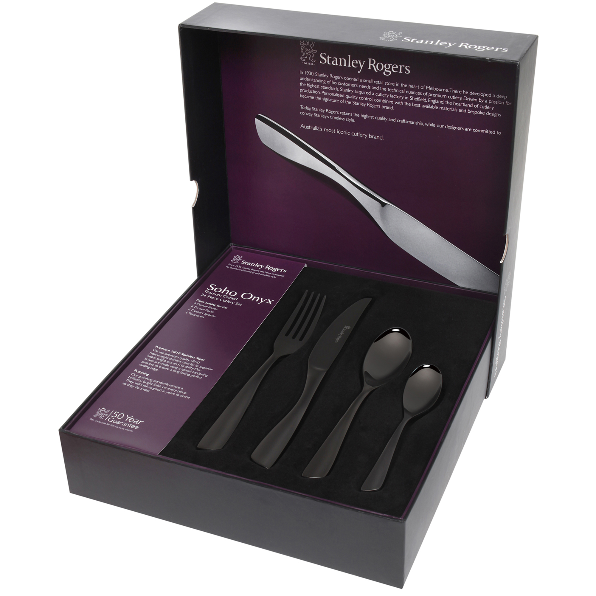 NEW 24 Piece Onyx Soho Stainless Steel Cutlery Set Stanley Rogers