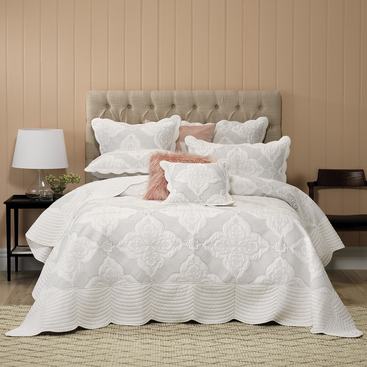 Fancy Linen Embossed Oversized Coverlet Bedspread Set Ivory All Sizes New 
