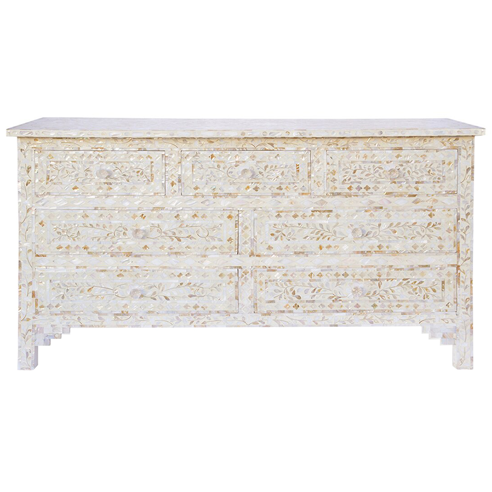 White Laverne Floral Shell Inlay 7 Drawer Chest Temple Webster