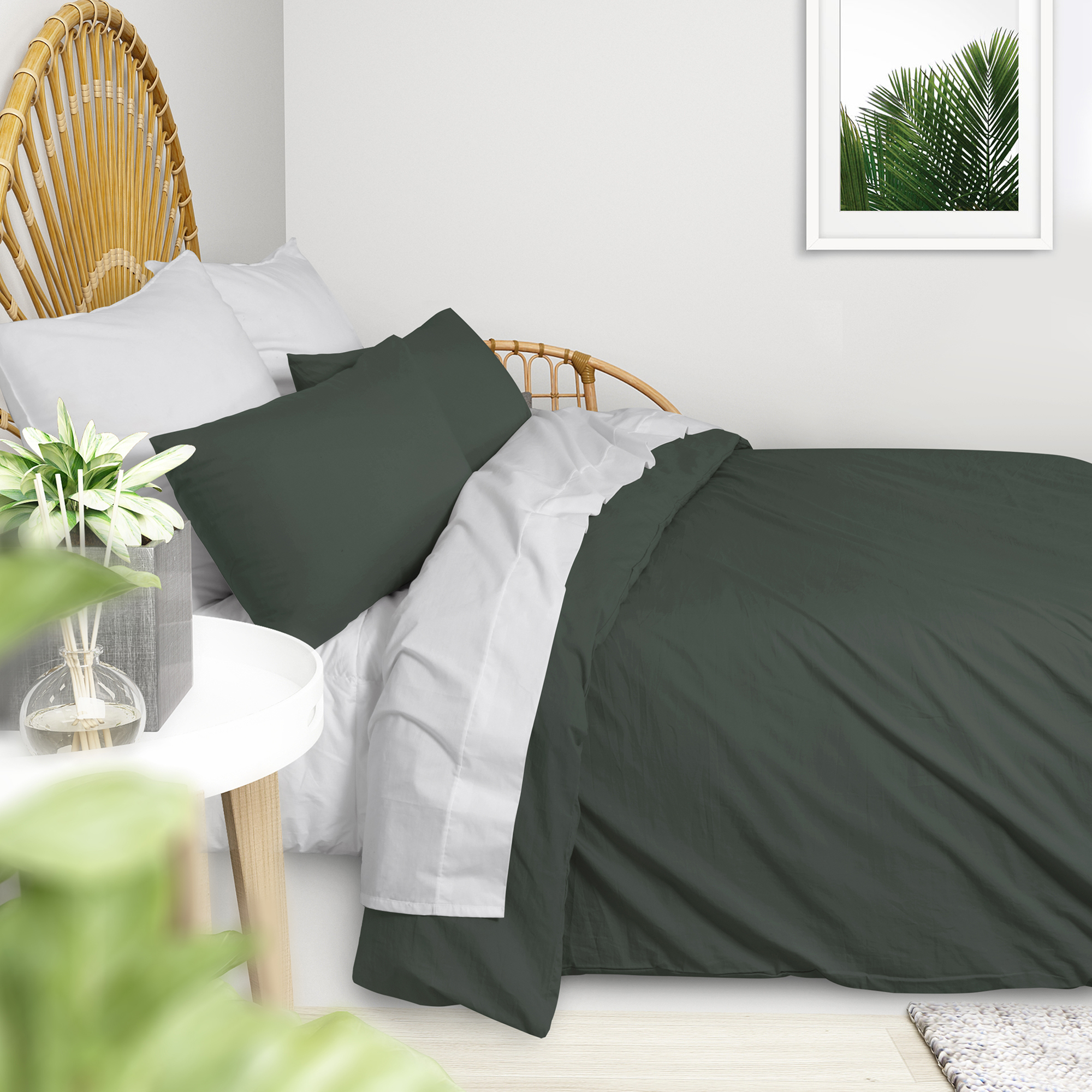 Dark Green Plain Washed Cotton Quilt Cover Set Temple Webster