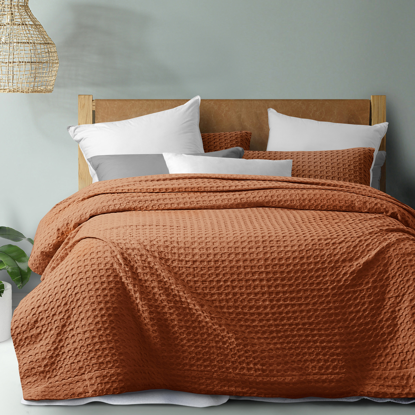 Rust Cotton Waffle Quilt Cover Set, Rust Brown Duvet Cover