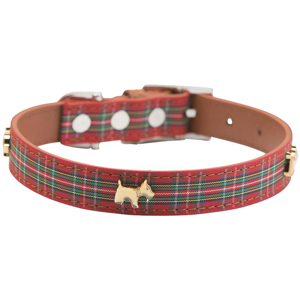 Red Tartan Highland Leather Dog Collar 