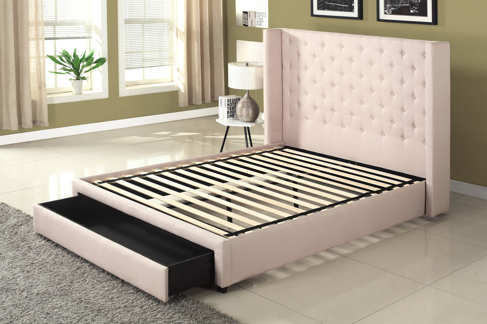 NEW Ivory Button Tufted Wing Queen Size Bed Frame with Drawer | eBay