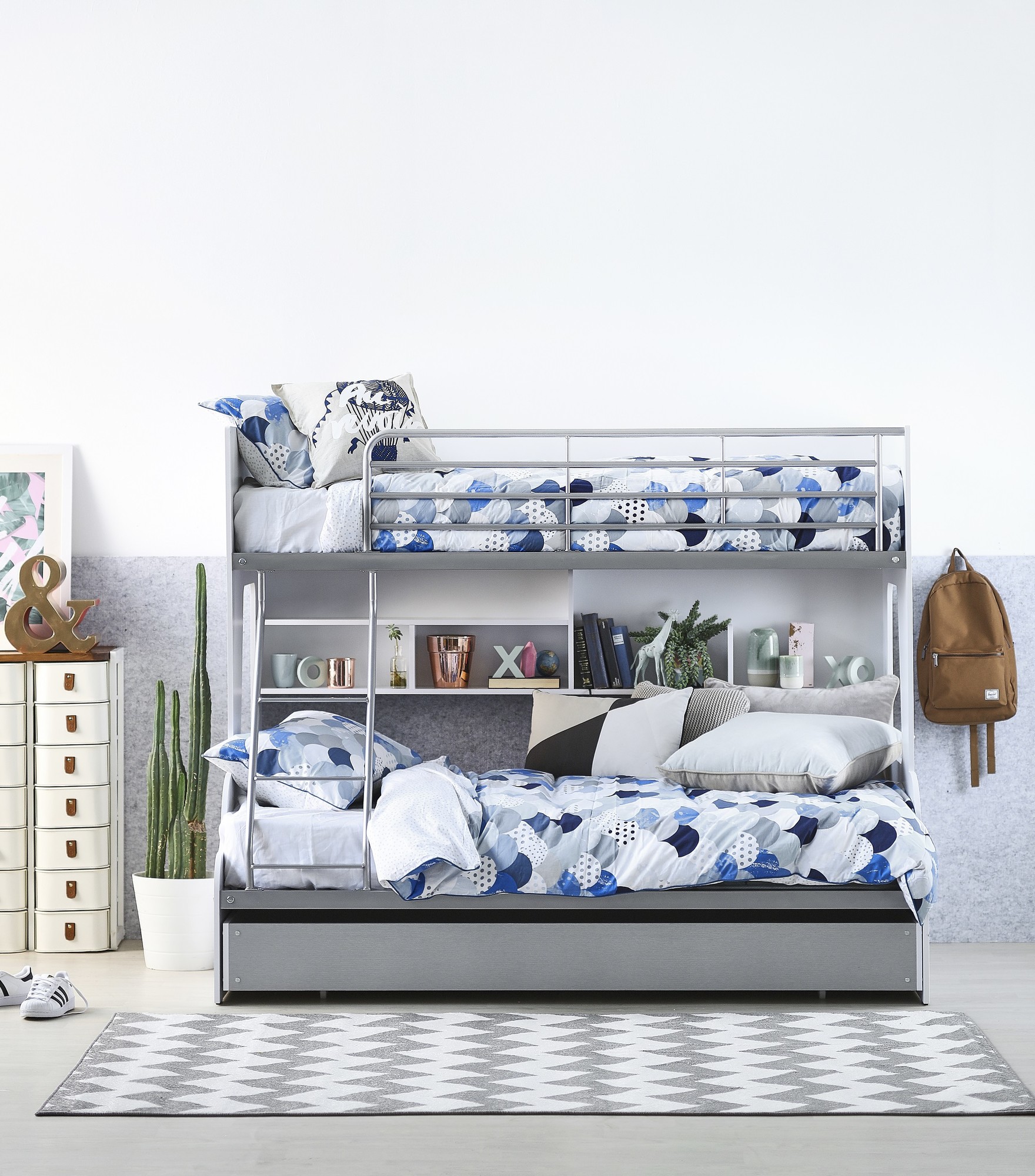 New White Silver Single Over Double Trio Bunk Bed With Shelves New White Silver Single Over Double Trio Bunk Bed With Shelves Trundle