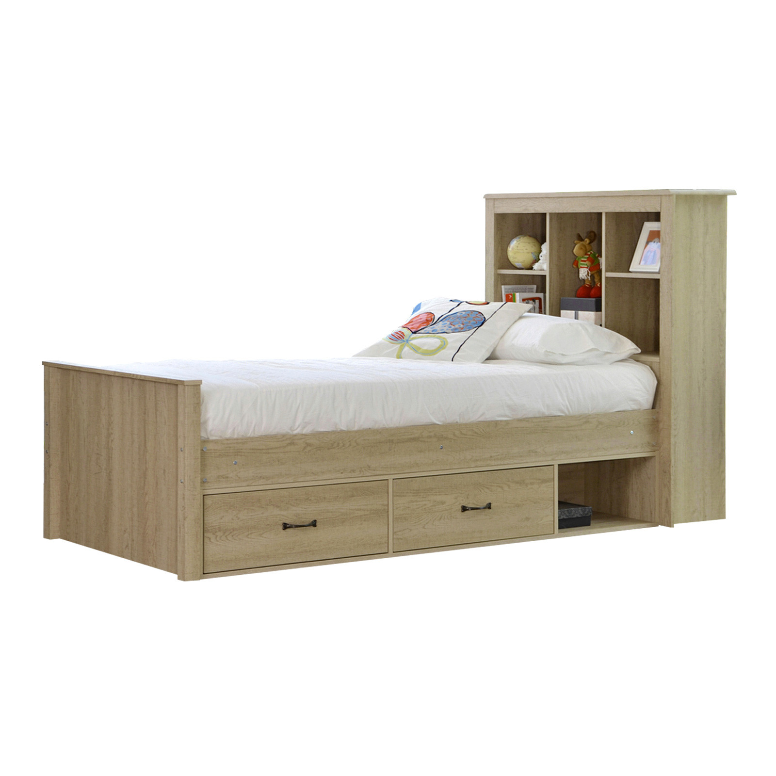 Vic Furniture Jeppe Oak King Single Bed, King Size Bed Frame With Storage And Bookcase Headboard