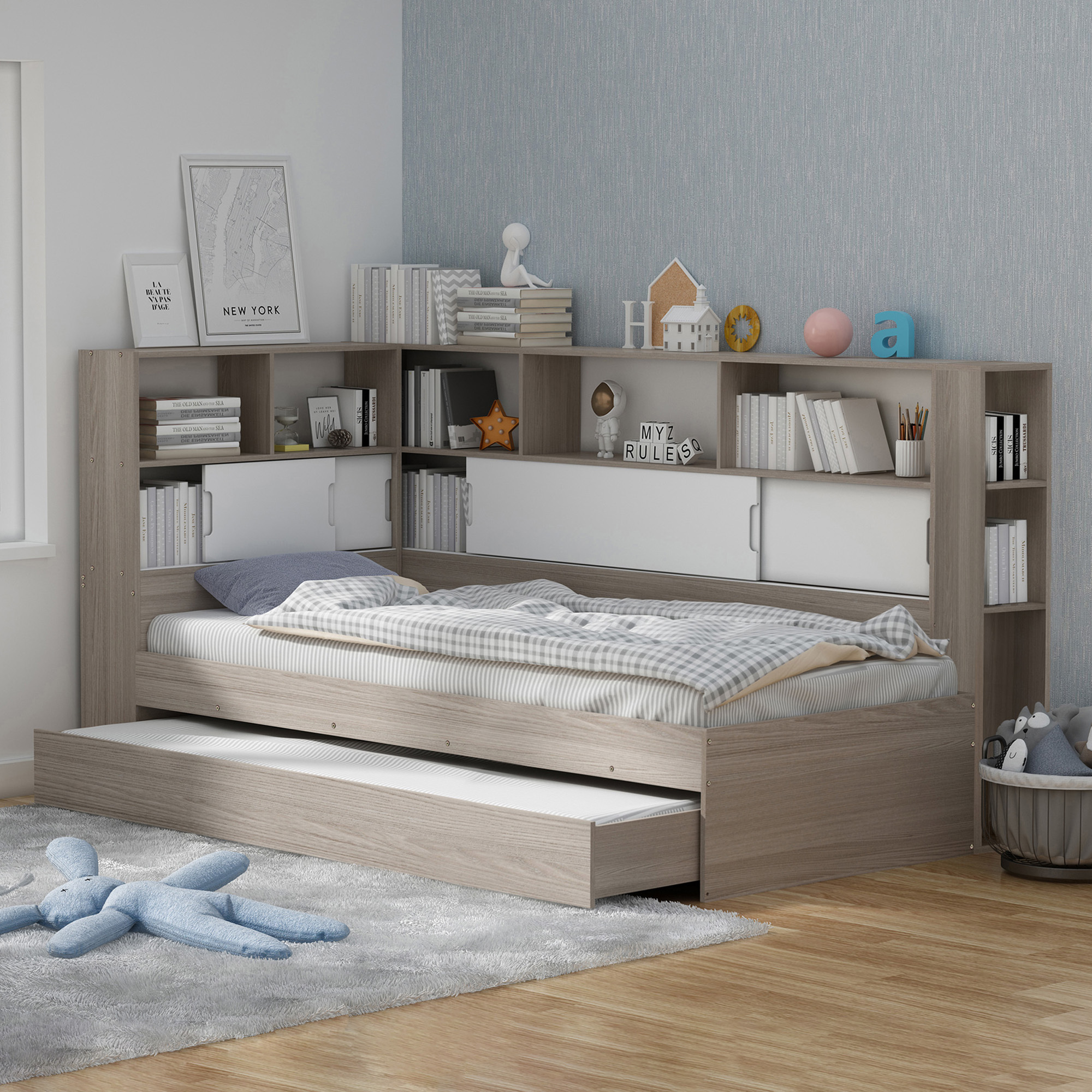 Quentin Storage Bed With Wall Tower, Bookshelf Storage Bed King