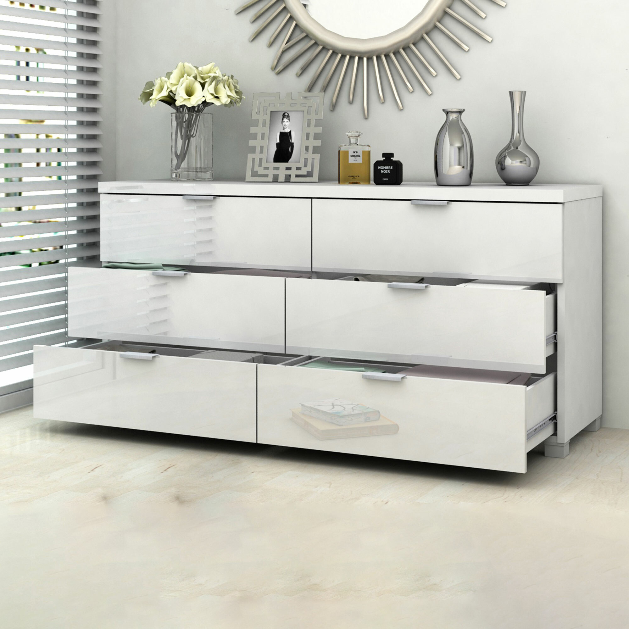 In Home Furniture Style White Gloss Kyana 6 Drawer Chest Temple Webster
