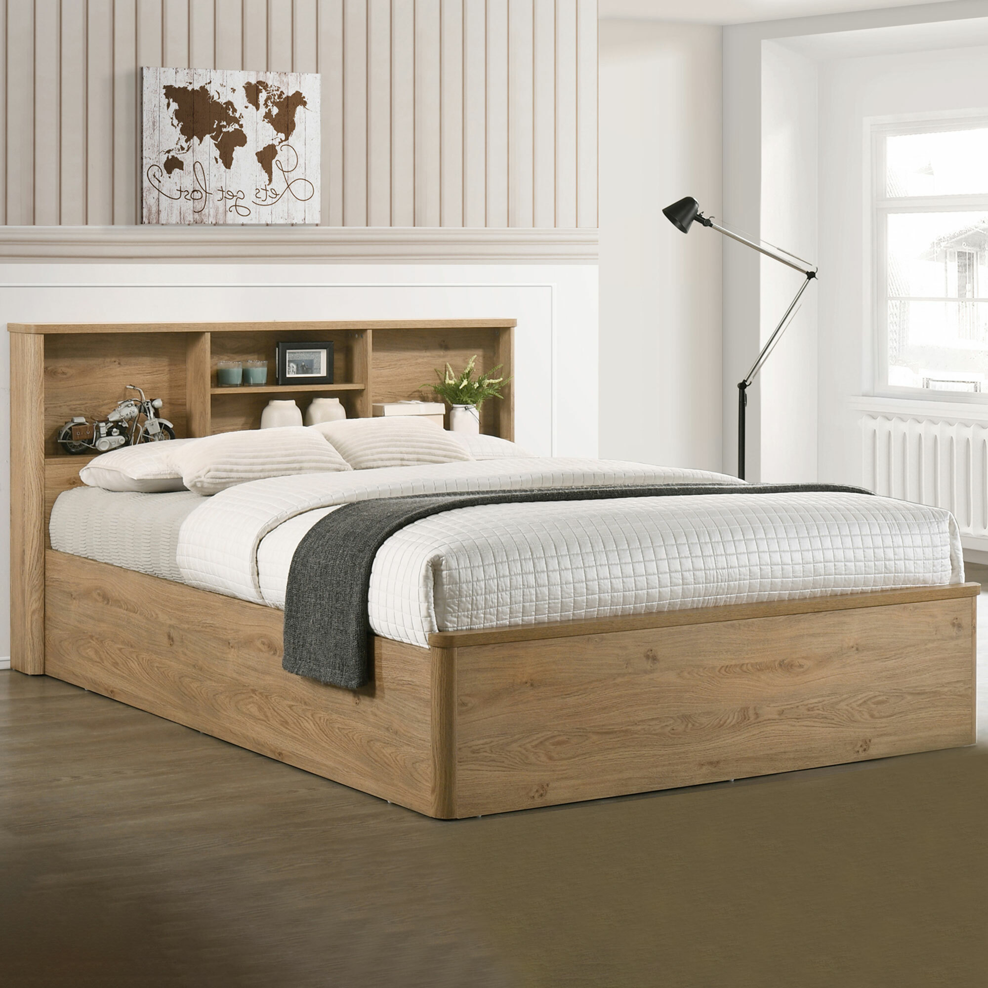 Core Living Natural Anderson Queen Bed, Oak Queen Size Bookcase Headboard