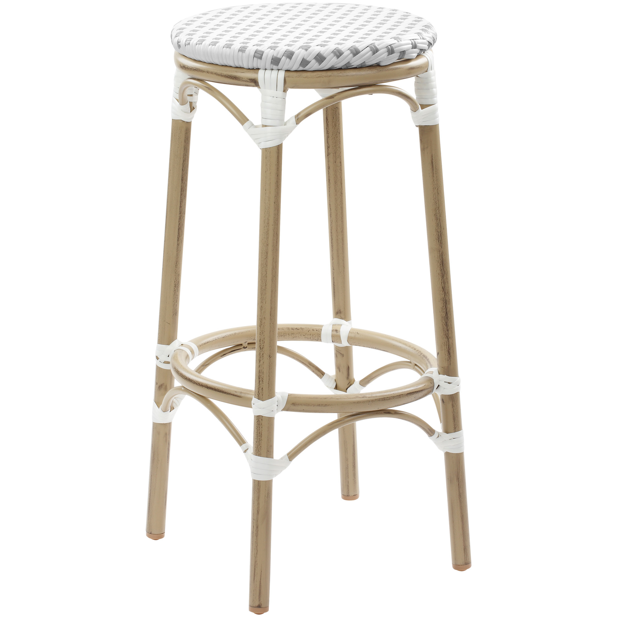 Temple Webster 76cm Grey White Paris Pe Rattan Outdoor Cafe Barstool