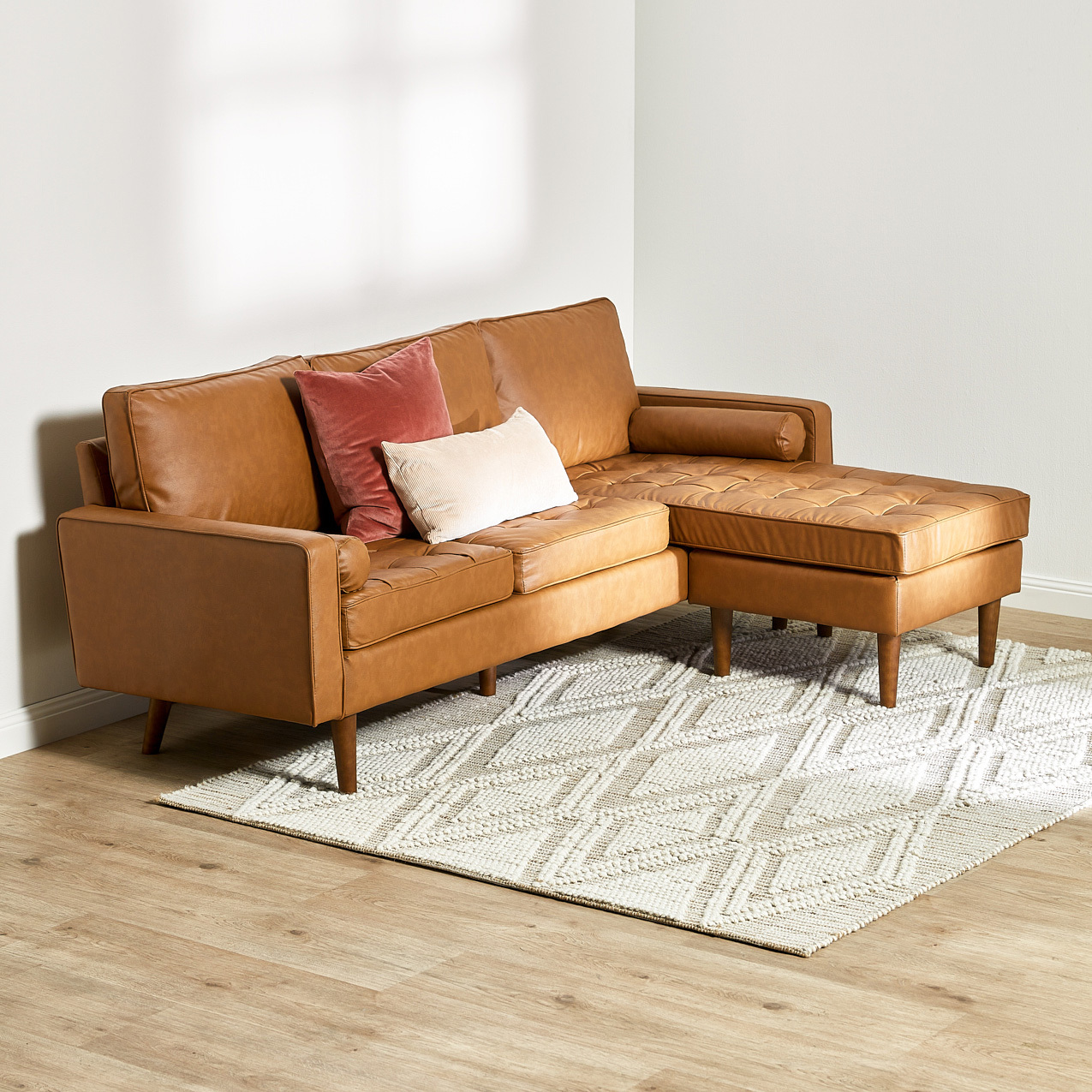 Temple Webster Tan Stockholm Faux, Leather Chaise Sectional