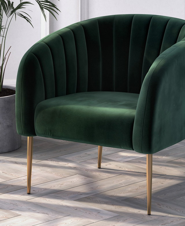 A three-quarter angle of the chair in dappled light highlights its silky texture, which contrasts with the cool metal legs.