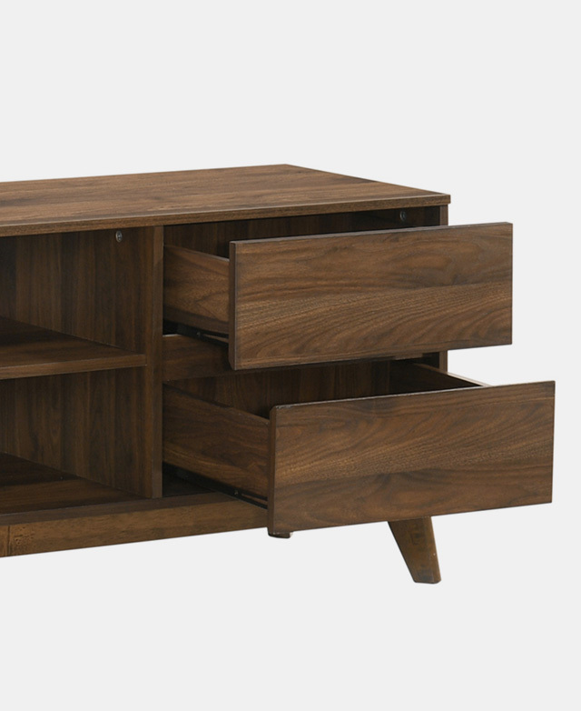 A three-quarter angle of one end depicts two open drawers of the 'dark timber' iteration.