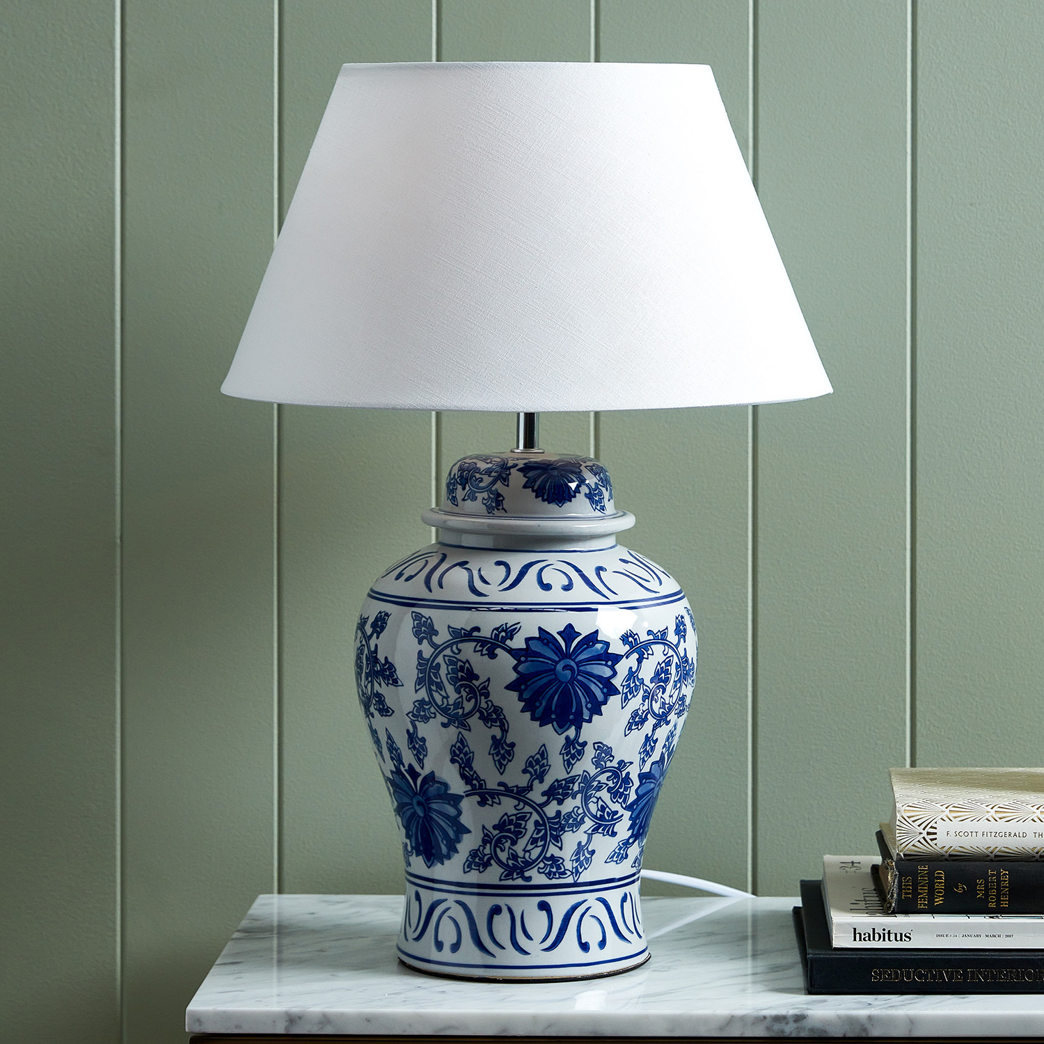 red and white ginger jar lamps