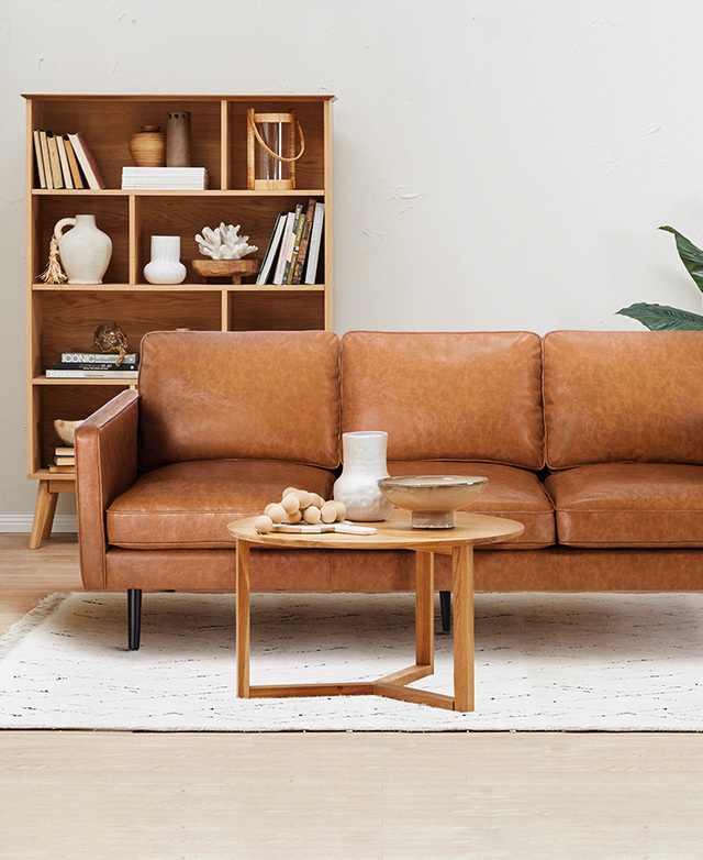 Temple Webster Tan Carlo Faux Leather, Brown Tan Leather Couch