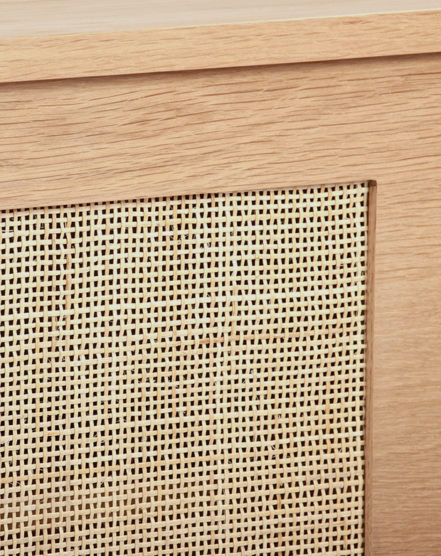 A cabinet with a rattan inset panel on the door.