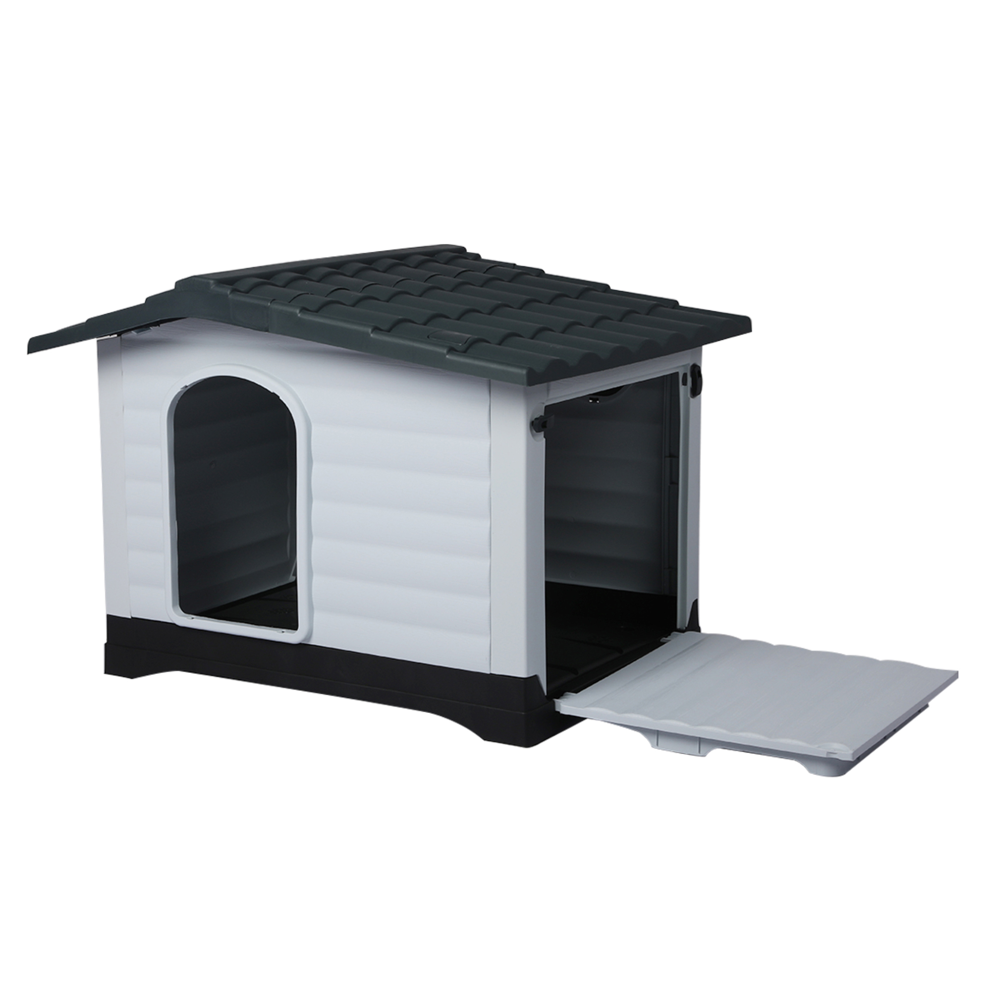 grey and white dog kennel